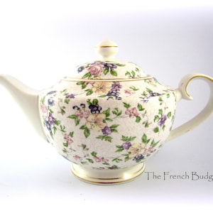 Graces Tea Ware, Crisp White Teapot with Lavender, Pink and Blue Floral Chintz