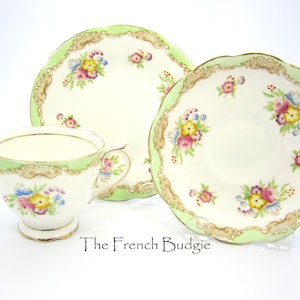 Royal Albert Light Green Floral Vintage Teacup Trio, Made in ENGLAND Tea Cup