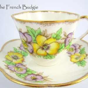Salisbury yellow and Purple Pansy Teacup and Saucer Set Made in ENGLAND Tea Cup