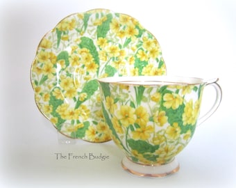 Rzadki Royal Albert Yellow Vintage Primrose Zestaw Filiżanek i Spodków Wyprodukowany w ANGLII Filiżanka do Herbaty