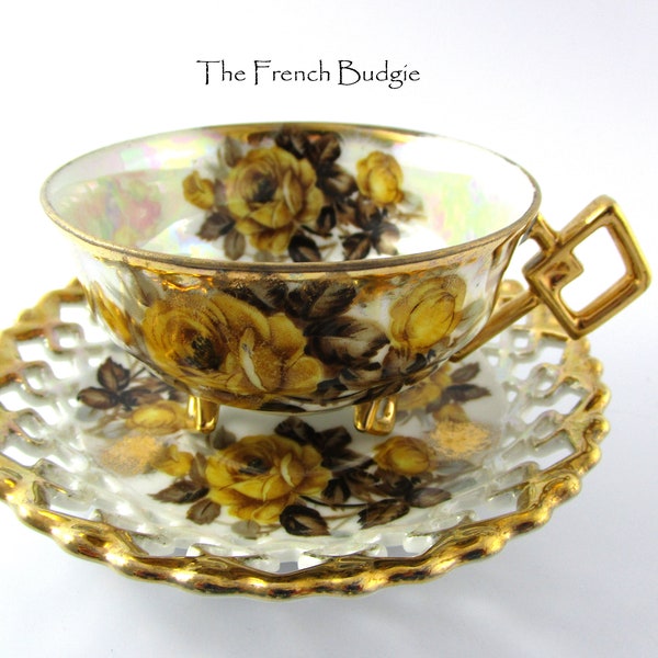 Japanese yellow Rose Blossom Elegant Footed  iridescent lusterware Teacup and Saucer