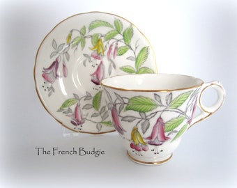 Royal Stafford pintado a mano "Fuchsia" Vintage Teacup and Saucer Set Hecho en INGLATERRA Taza de Té