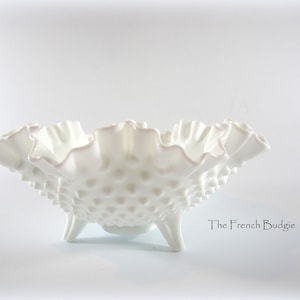 White 8 inch Hobnail Milk Glass Ruffled Bowl
