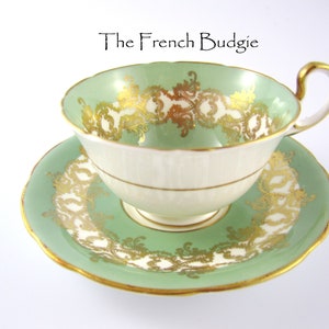 Aynsley Sage Green and Gold Vintage Teacup and Saucer Made in ENGLAND Tea Cup