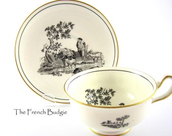 Black and White Royal Chelsea Signed Vintage Teacup and Saucer with Farm Scene Made in ENGLAND Tea Cup