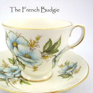 Queen Anne Blue Poppy Flowers Vintage Teacup and Saucer Tea Cup