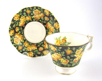 Xícara de chá e pires Royal Albert Chintz Yellow Rose "CHATSWORTH" preta, fabricada na Inglaterra, da série Merrie England.