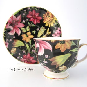 Grace&#39;s Teaware  Black Botanical Tea cup and Saucer set