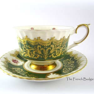 Green and gold Paragon Teacup and Saucer set~ Ornate gold scroll Design  with Floral border Made in ENGLAND Tea Cup
