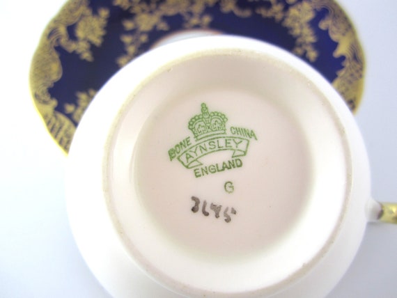 Aynsley Dark Cobalt Blue and Ornate Gold Vintage Teacup and Saucer