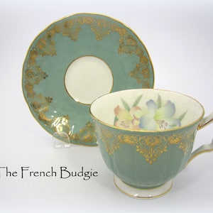 Aynsley Sage Green Floral Vintage Teacup and Saucer Set, Made in ENGLAND Tea Cup