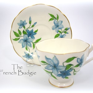 Queen Anne Blue Flower Vintage Teacup and Saucer set Made in ENGLAND Tea Cup
