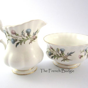 Royal Albert blue "BRIGADOON" LARGE Cream and Sugar Set Thistle Pattern Made in ENGLAND