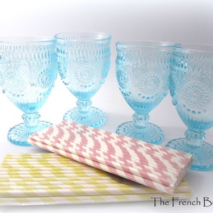 Lot of 4 Blue Vintage style Pressed Glass  Goblets, Drinking glasses
