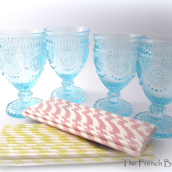 Lot of 4 Blue Vintage style Pressed Glass  Goblets, Drinking glasses