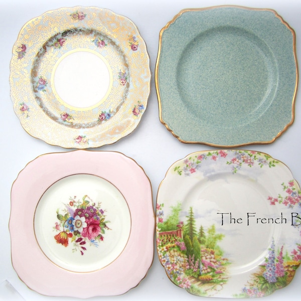 SET of 4 Square Mismatched 6 inch Bread and Butter Tea Plates ENGLISH china