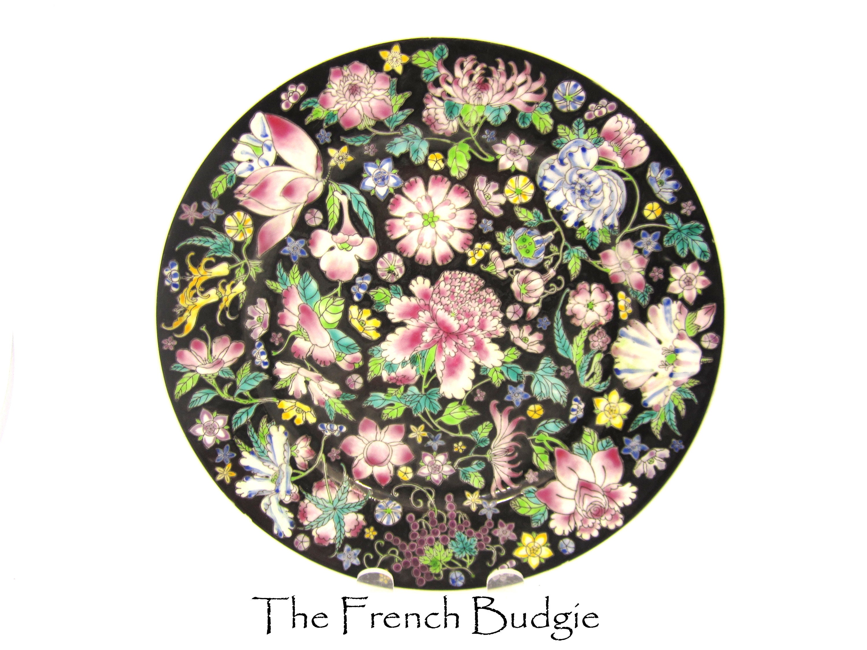 Black Decorative Plate Chinese Mille Fleur Floral Plate Etsy