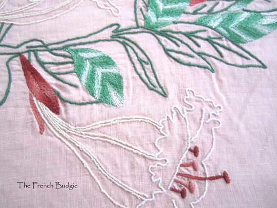 魅力的な大きなヴィンテージリネン機械刺繍花柄ピンクテーブルクロス