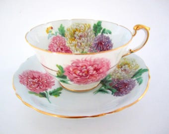 Paragon ljusblå vintage tekopp med rosa, vita och lila krysantemum Tillverkad i England tekopp