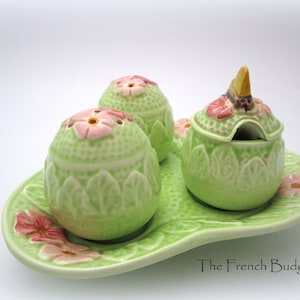 H Wain and Sons Melba Ware Różowa i zielona ceramika Solniczka i pieprzniczka PLUS zestaw do musztardy i przypraw Wyprodukowano w ANGLII