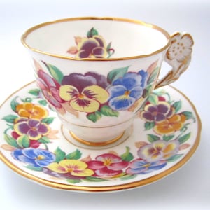 Pansy Viola Royal Stafford vintage Teacup(with flower on handle) Made in ENGLAND Tea Cup