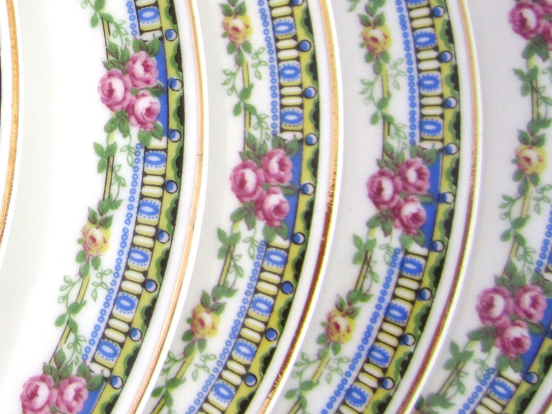 SET of 5 Bernardaud Co Large 975 inch Blue and Yellow Floral Dinner plates Made in FRANCE