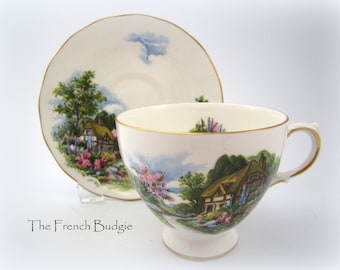 Royal Vale Vintage Scenic Tekopp Med Fat Set Cottage and Garden Tekopp