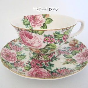 Schöne rosa Rose und Weißdorn Romantische Chintz Edwardian Teetasse und Untertasse Made in ENGLAND Teetasse