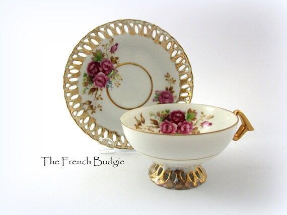 Japanese Pink Rose Blossom Elegant Footed Iridescent Lusterware