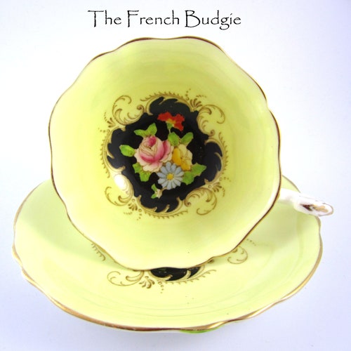 Paragon Yellow and Black Vintage Hand Painted Teacup and shops Saucer Made in ENGLAND Tea Cup