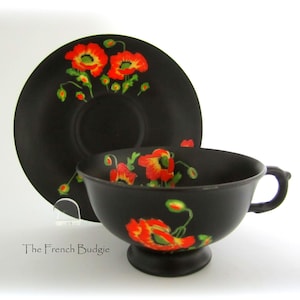 Atlas Poppy Floral Matte Schwarz Teetasse und Untertasse Made in ENGLAND