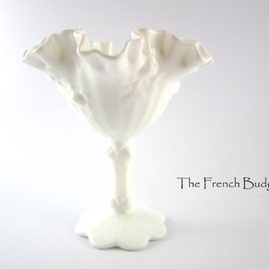 Vintage Fenton Milk Glass Pedestal Candy Dish Compote White floral Pattern