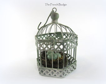 Small 8.5 inch Decorative green white washed Metal  Birdcage Wedding Décor