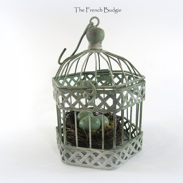 Petite décoration de mariage en cage à oiseaux en métal lavé vert blanc de 8,5 pouces