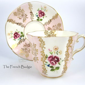 Royal Grafton Baby Pink Vintage Teacup and Saucer Set, striped with dark Pink Roses, Made in England Tea Cup