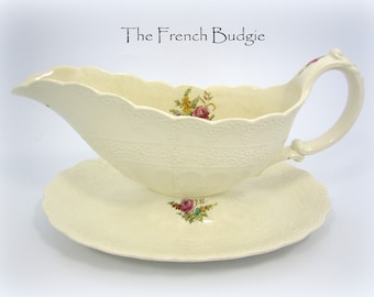 Very Large Gravy Boat with Saucer by Spode Copeland "Heath and Rose" Made in England