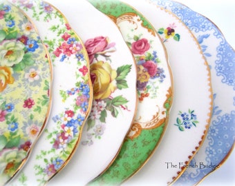 Six Plates in Pretty Shades of Pink, Green and Blue Floral Mismatched Vintage  6 inch Bone china Plates Made in ENGLAND