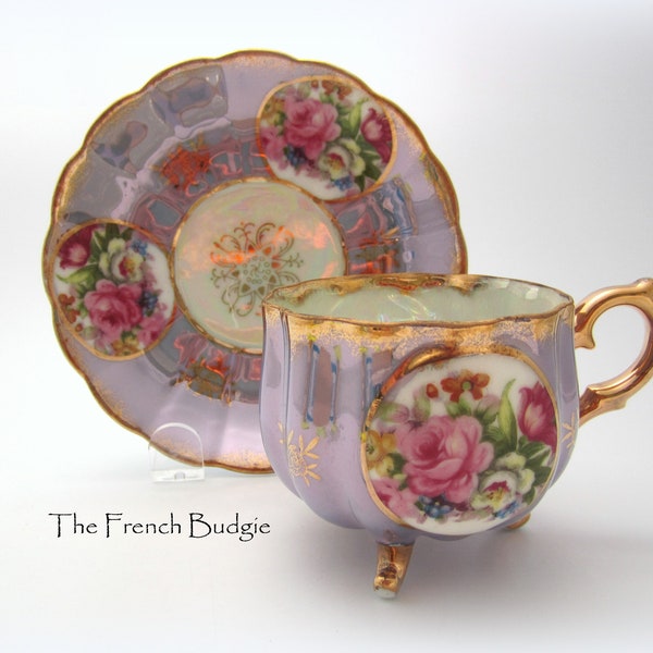 Vintage Teacup Castle China Occupied Japan Lusterware Teacup and Saucer, Embossed Gold, Rose Bouquets,