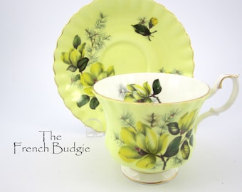 Royal Albert Yellow Magnolia 4502 auf Gelb Vintage Teetasse und Untertasse Set Made in ENGLAND Teetasse