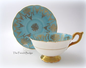 Coalport Sky Blue and Gold Footed Teacup and Saucer Set made in ENGLAND Tea Cup