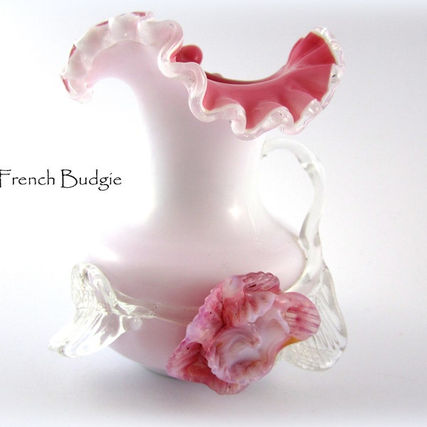 Small white Art Glass ruffled Vase with Coral Pink Interior, Glass Rose