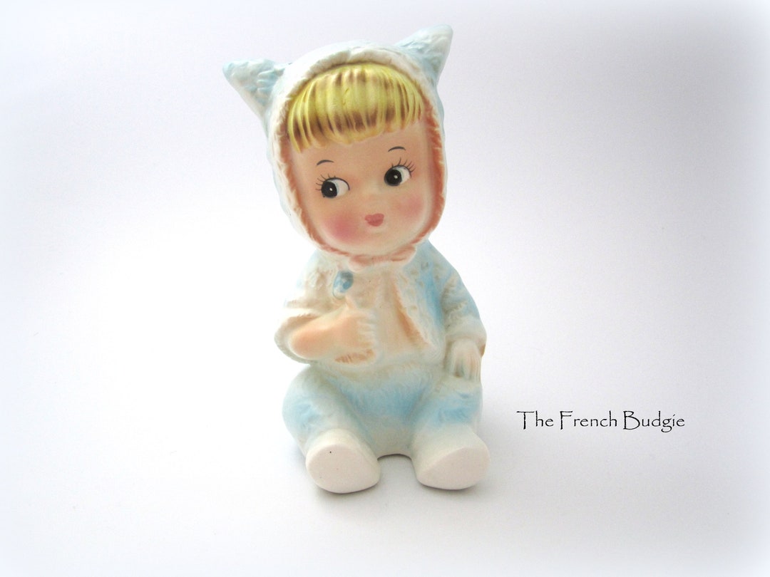 Kitsch Baby Adorable RARE ESD Vintage Kitsch Baby Girl in Blue Sweater Set Hat With ...