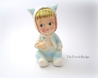 Adorable RARE ESD  Vintage Kitsch Baby Girl in blue Sweater Set Hat with Ears Bank , Made in Japan