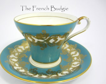 Aynsley Teal och Gold Corset Vintage Tekopp och Fat Set Tillverkad i England Tekopp