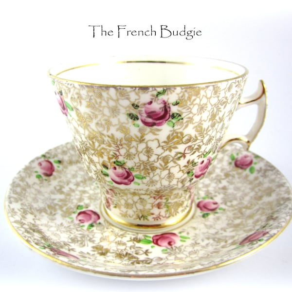 Phoenix Gold Chintz Teacup and Saucer with Pink Rose Made in ENGLAND Tea Cup