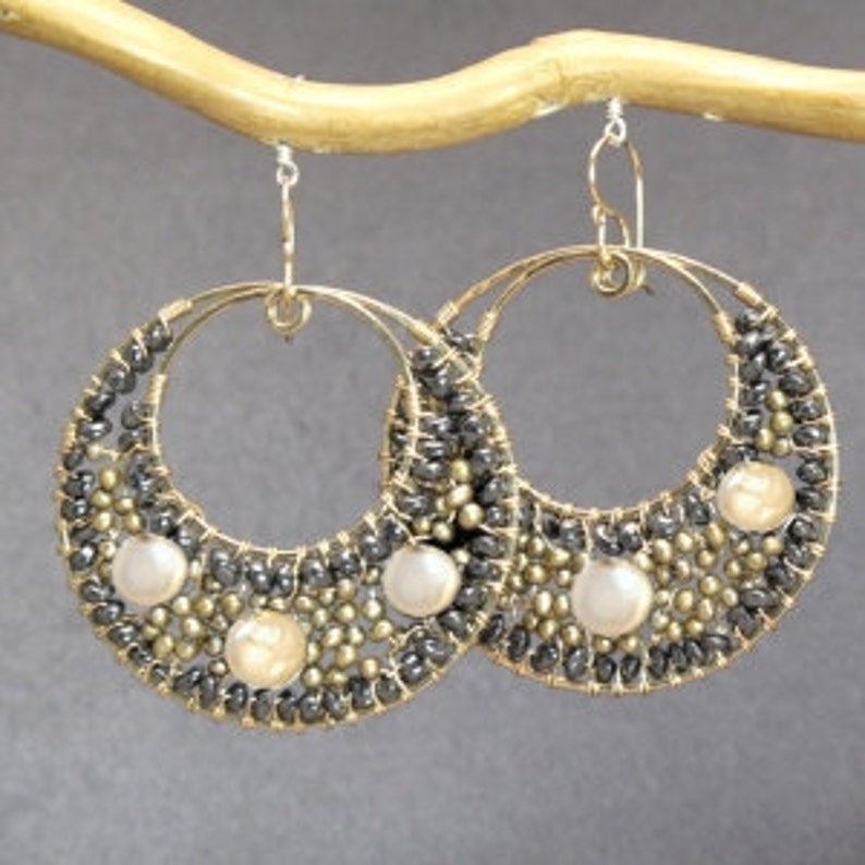 Hammered Hoop Earrings Wrapped With Black Spinel Bronze Etsy