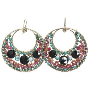 Hammered hoop earrings black spinel, turquoise, mandarin garnet, pink ruby Bohemian 144