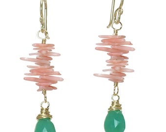 Cluster earrings of pink coral and chrysoprase Princess 220