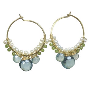 Hoop earrings, ivory pearls, green garnet, quartz, gold, silver, rose gold, boho, bohemian, gypsy Cleopatra 112 image 1