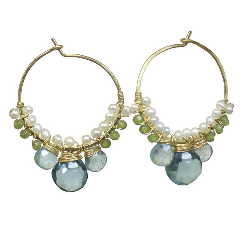 Hoop earrings, ivory pearls, green garnet, quartz, gold, silver, rose gold, boho, bohemian, gypsy Cleopatra 112 image 1